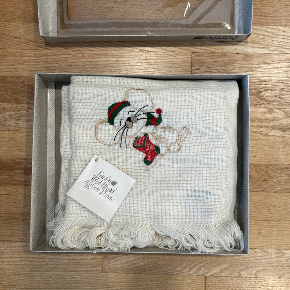 Vintage Faribo Wool Blend Afghan Throw Blanket Christmas Mouse Fringe NIB Cream